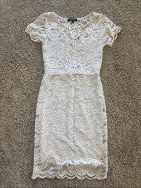 Lace Overlay White Sheath Dress - Women's Elegant Short Sleeve